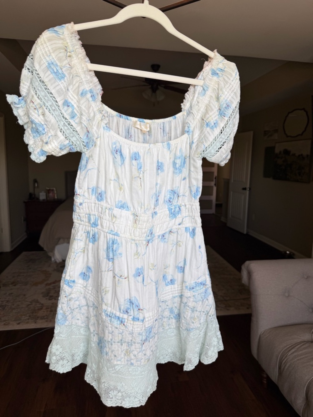 LoveShackFancy White Mini Dress with Light Blue Floral Print